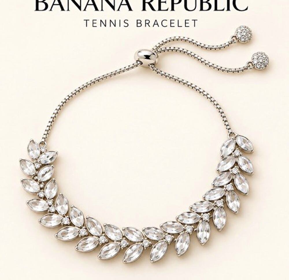 Banana Republic Silver Tone Clear Crystal Leaf Adjustable Slide Tennis Bracelet